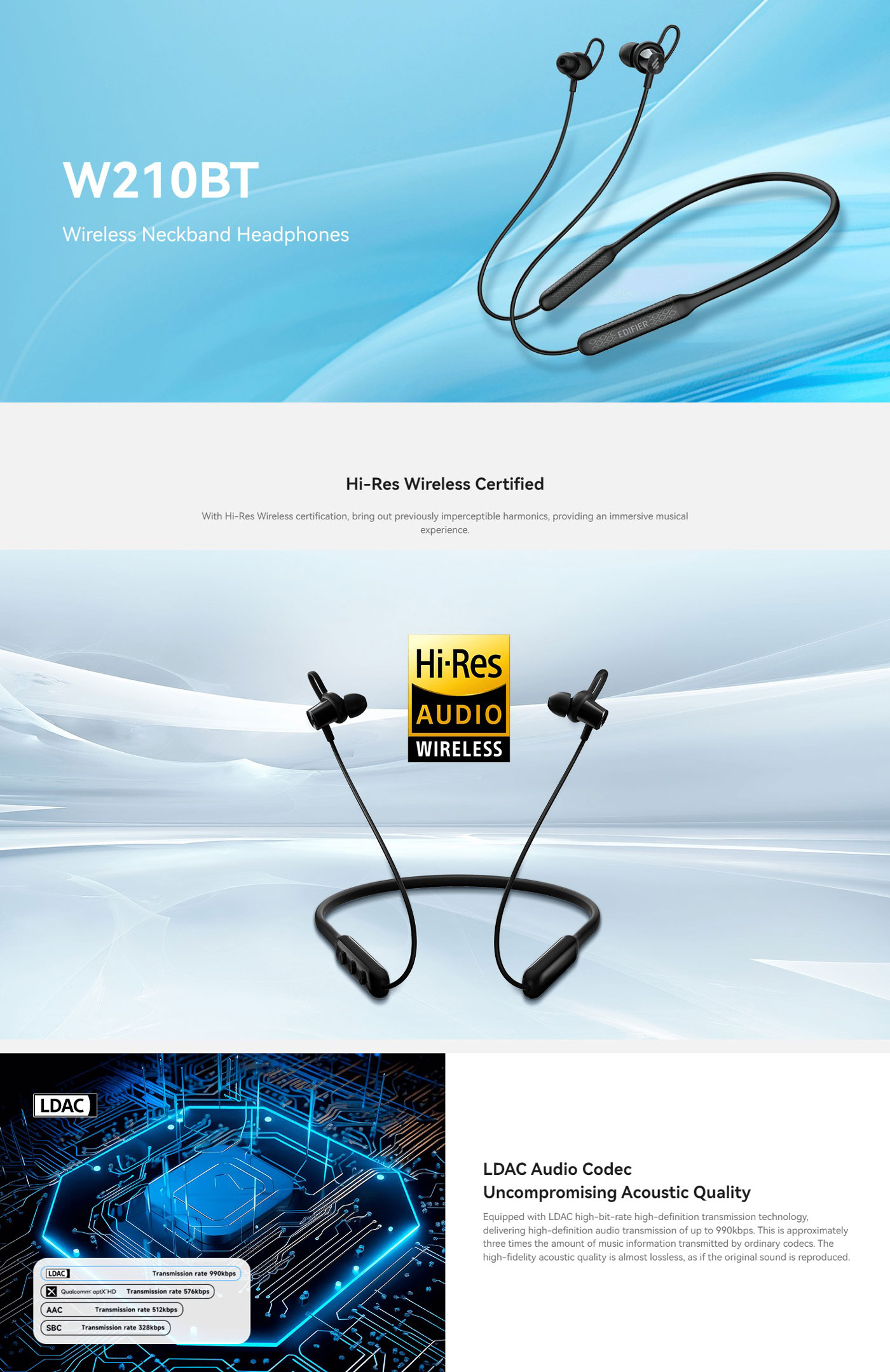Edifier W210BT Hi-Res LDAC Wireless Neckband Headphones