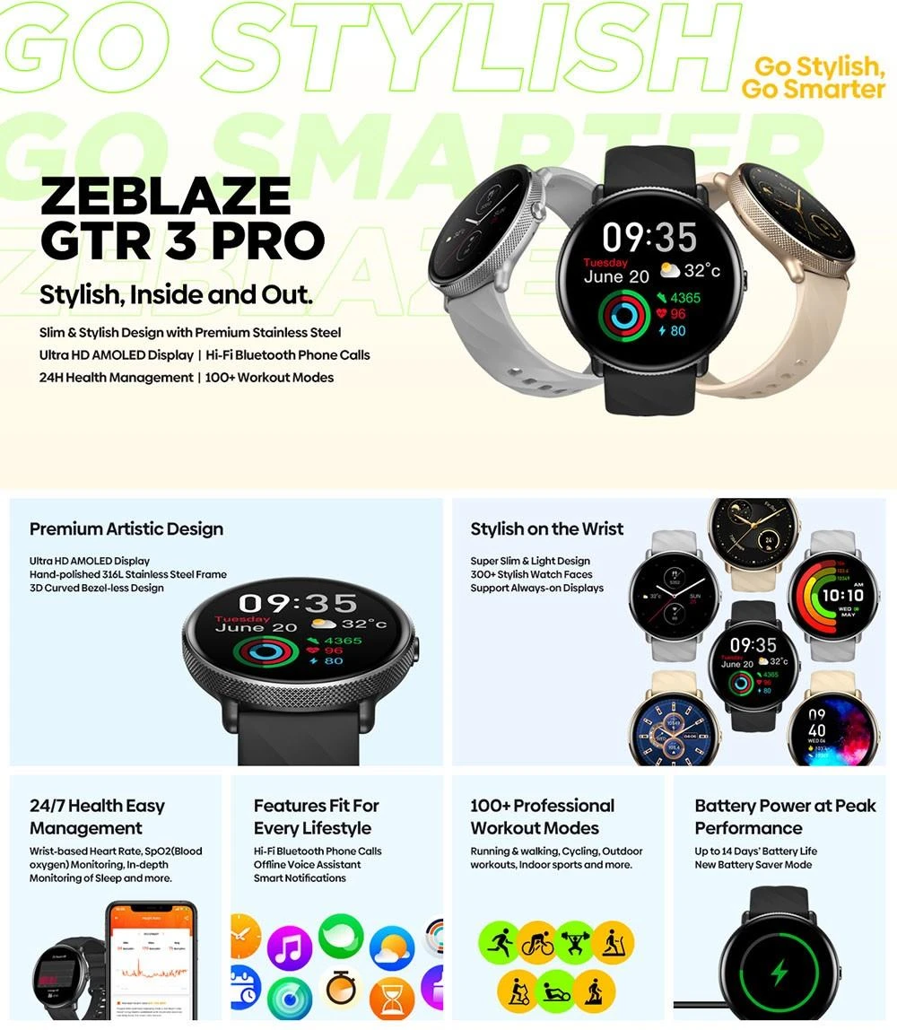 Zeblaze GTR 3 Pro Smart Watch Bt Calling Amoled Display