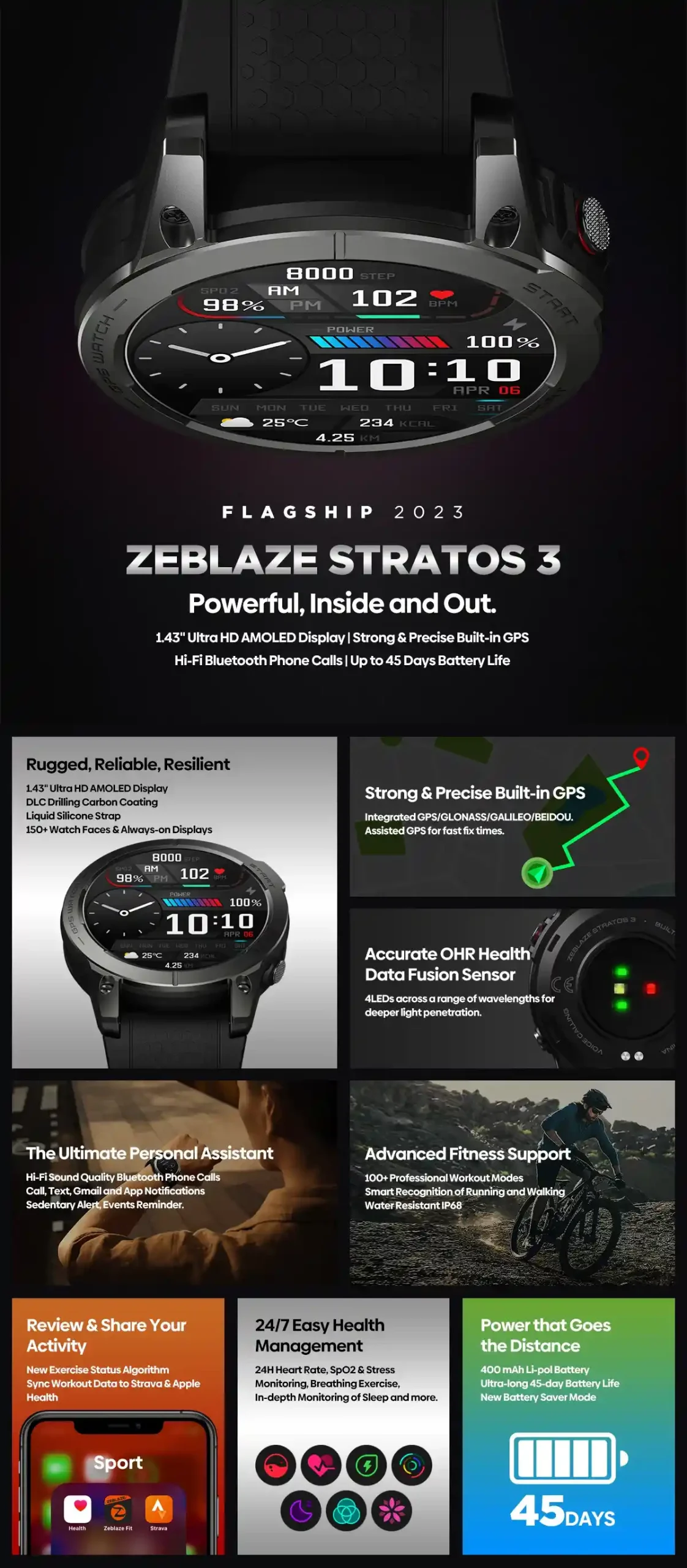 Zeblaze Stratos 3 GPS Smart Watch Ultra HD AMOLED Display
