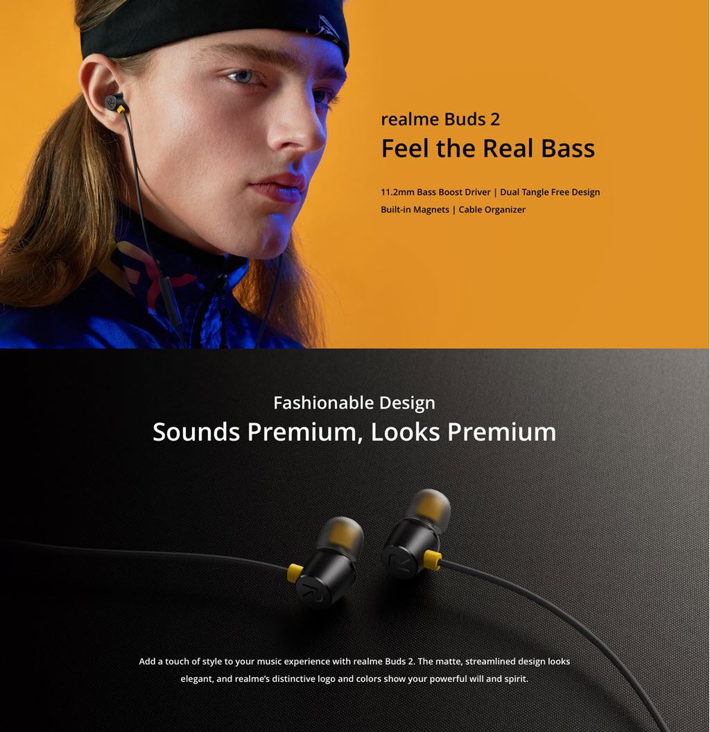 Experience deep bass and clear audio with the Realme Buds 2 wired in-ear earphones. Features include a 3-button remote with mic, tangle-free design, and built-in magnets.