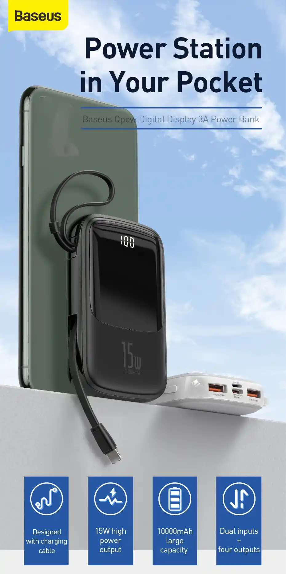 Baseus Qpow Type-C Lightning, Baseus Qpow 10000mAh Power Bank with built-in Lightning cable and digital display