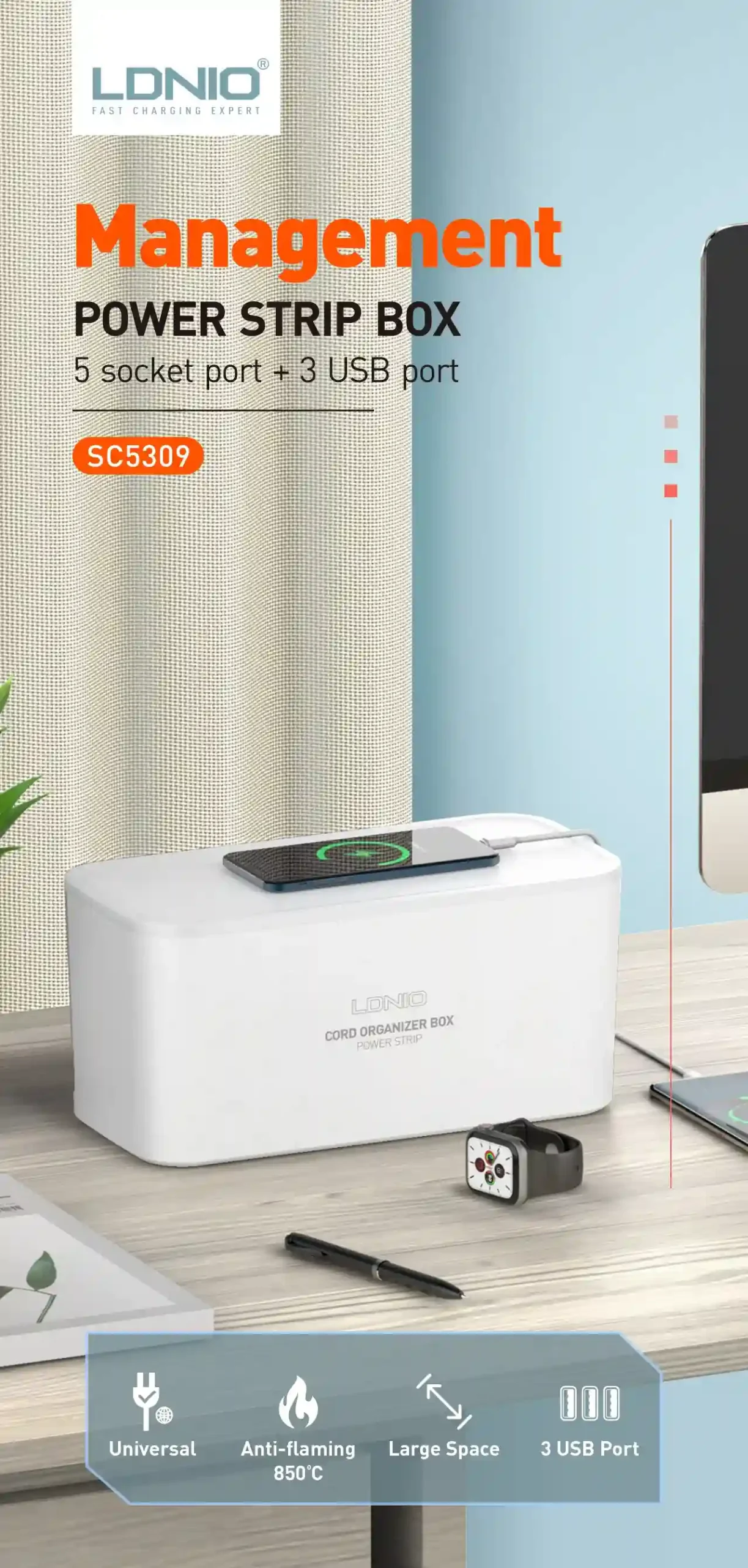 Top view of LDNIO SC5309 showing smart layout and switches