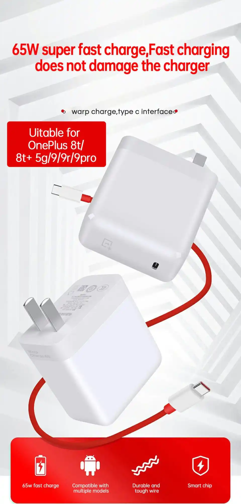 OnePlus 65W Warp Charge Adapter with Type-C Cable front view