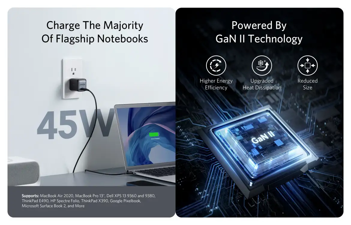 Compact Anker Nano 2 45W USB-C charger for MacBook and iPhone