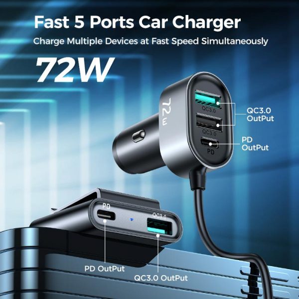 Joyroom 72W 5 Multi-port QC3.0+PD Fast Car Charger Adapter 5ft cable for Front/Back Seat Charging