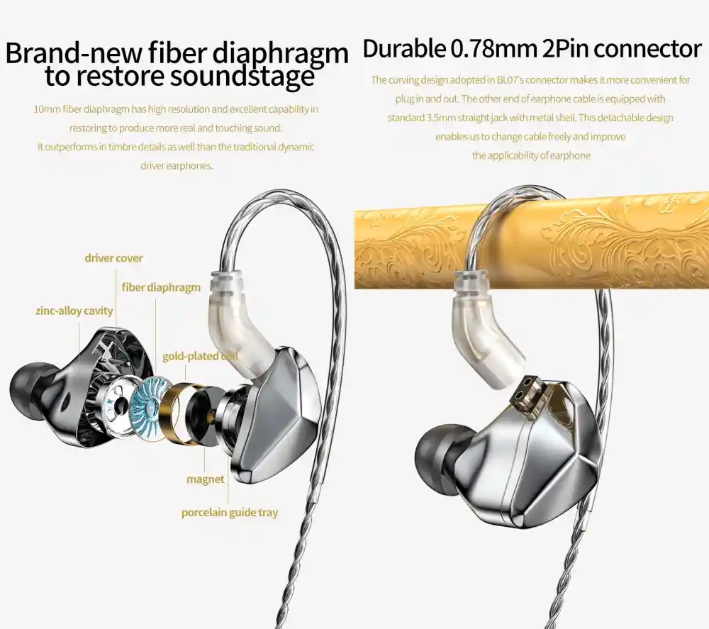 Linsoul BLON BL07 detachable 0.78mm 2Pin silver cable earphones