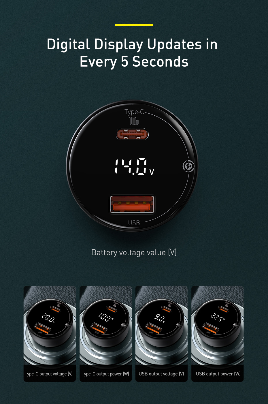 Baseus Digital Display PPS 100w Dual Quick Car Charger with Type-C to Type-C 100W 1m Cable