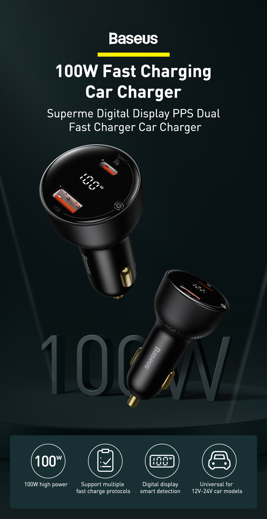 Baseus Digital Display PPS 100w Dual Quick Car Charger with Type-C to Type-C 100W 1m Cable