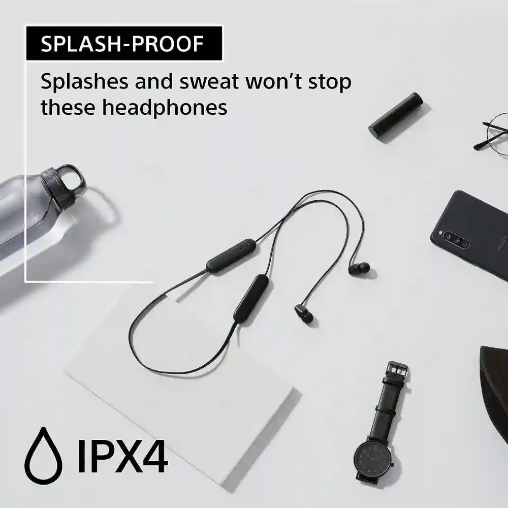 Close-up of Sony WI-C100 earbuds with hybrid silicone rubber tips.