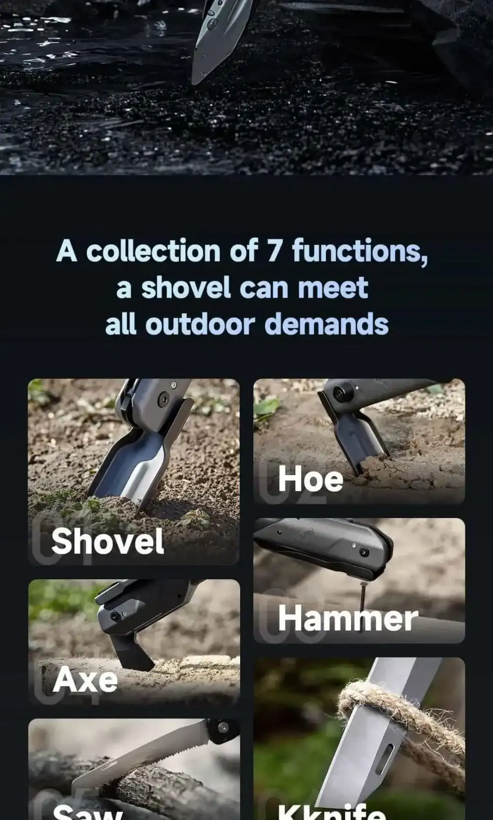 NexTool Outdoor Multi-Functional Shovel 7-in-1 with axe, hoe, and hammer