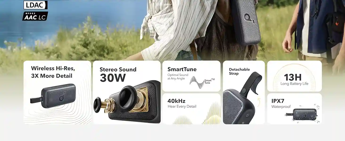 Anker Soundcore Motion 300 with IPX7 waterproof rating for outdoor adventures.