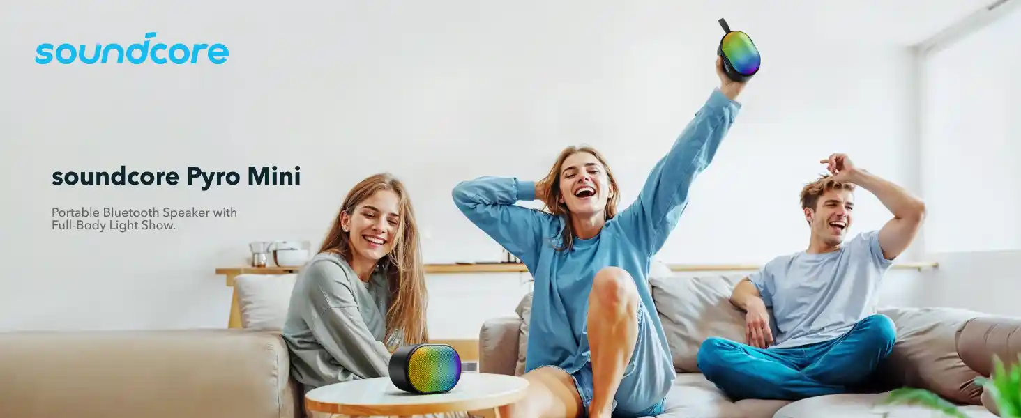 The Anker Soundcore Pyro Mini is a portable Bluetooth wireless speaker designed to elevate your audio experience with its powerful sound, multiple light effects, and versatile connectivity.
