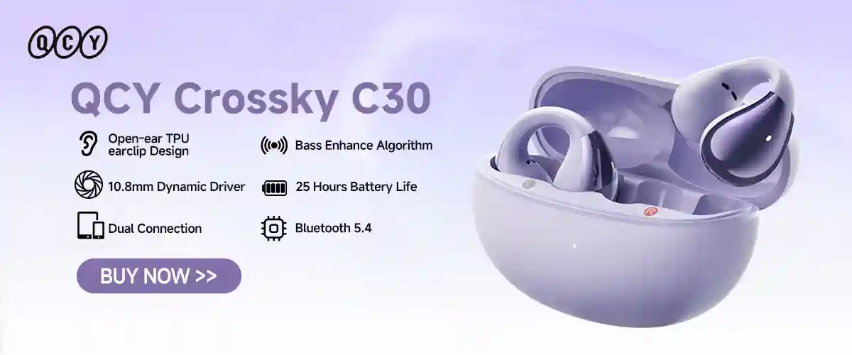 QCY Crossky C30 Open Ear Clip-On Earbuds with 4 ENC Noise-Cancelling Mics for Crystal Clear Calls