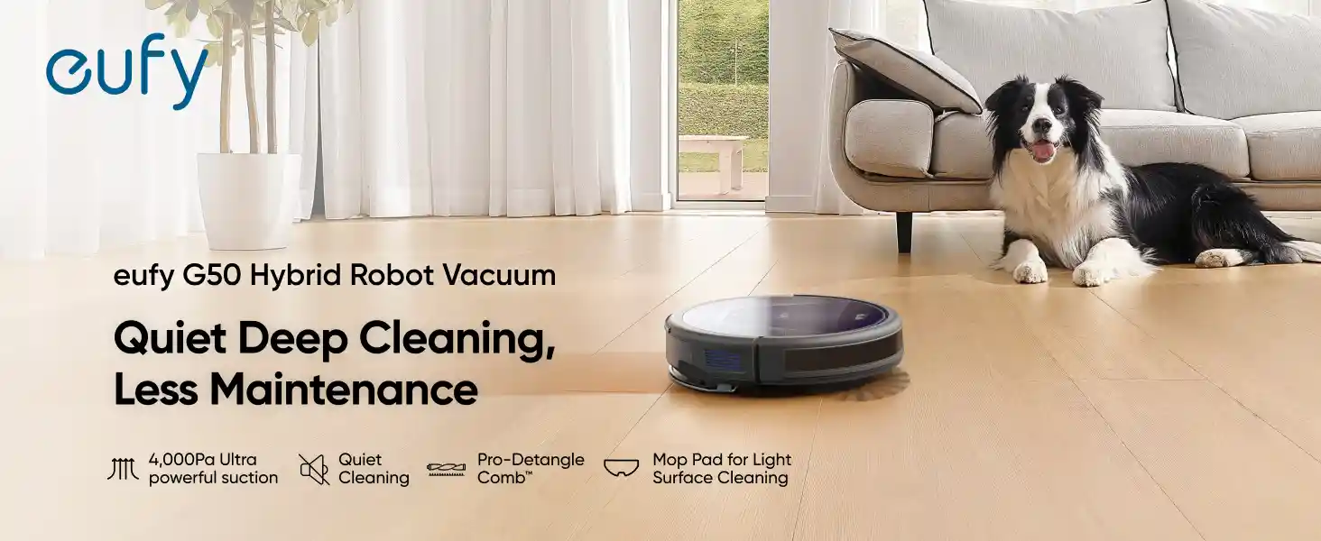 Eufy G50 Hybrid Robot Vacuum cleaning under furniture.