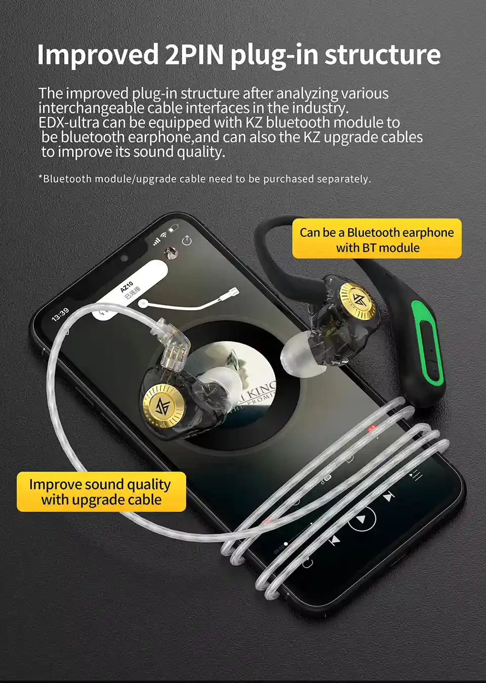 Detachable cables for KZ EDX Ultra earphones.