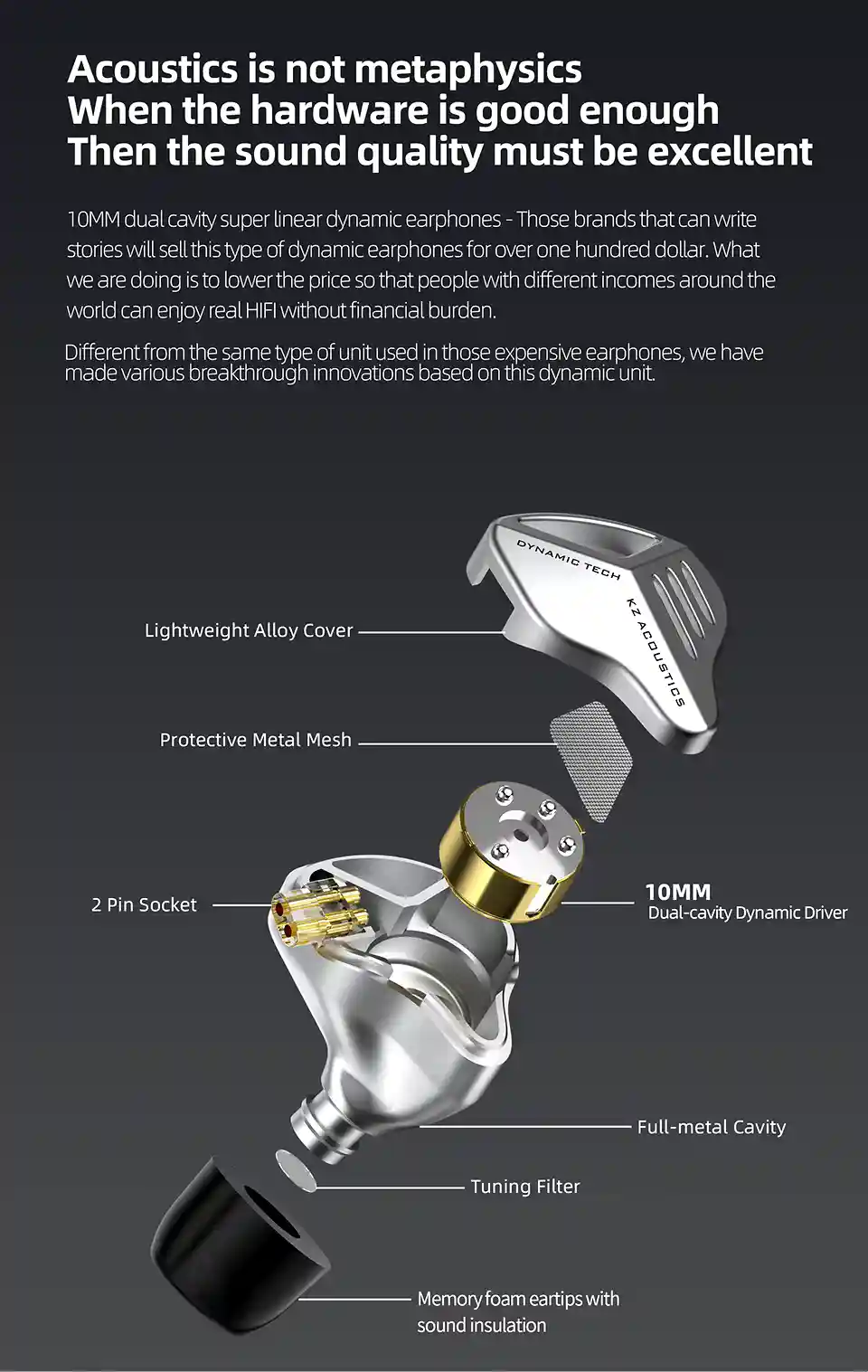 Close-up of the KZ ZVX’s 10mm Double Chamber Hyperlinear Dynamic Driver