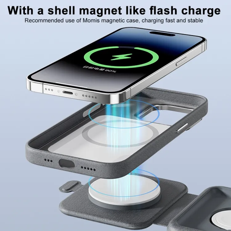 Durable Momax UD30 wireless charger with PU leather design.