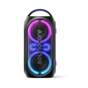 Soundcore Rave Party 2 portable speaker with glowing light effects.