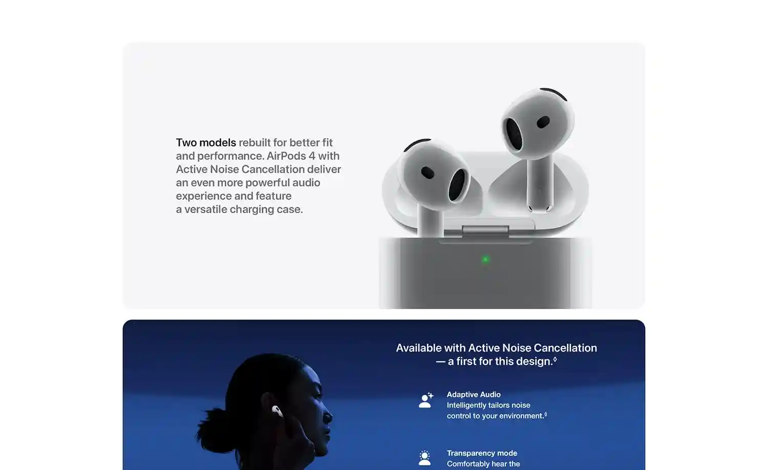 Close-up of AirPods 4 earbuds with ergonomic design.