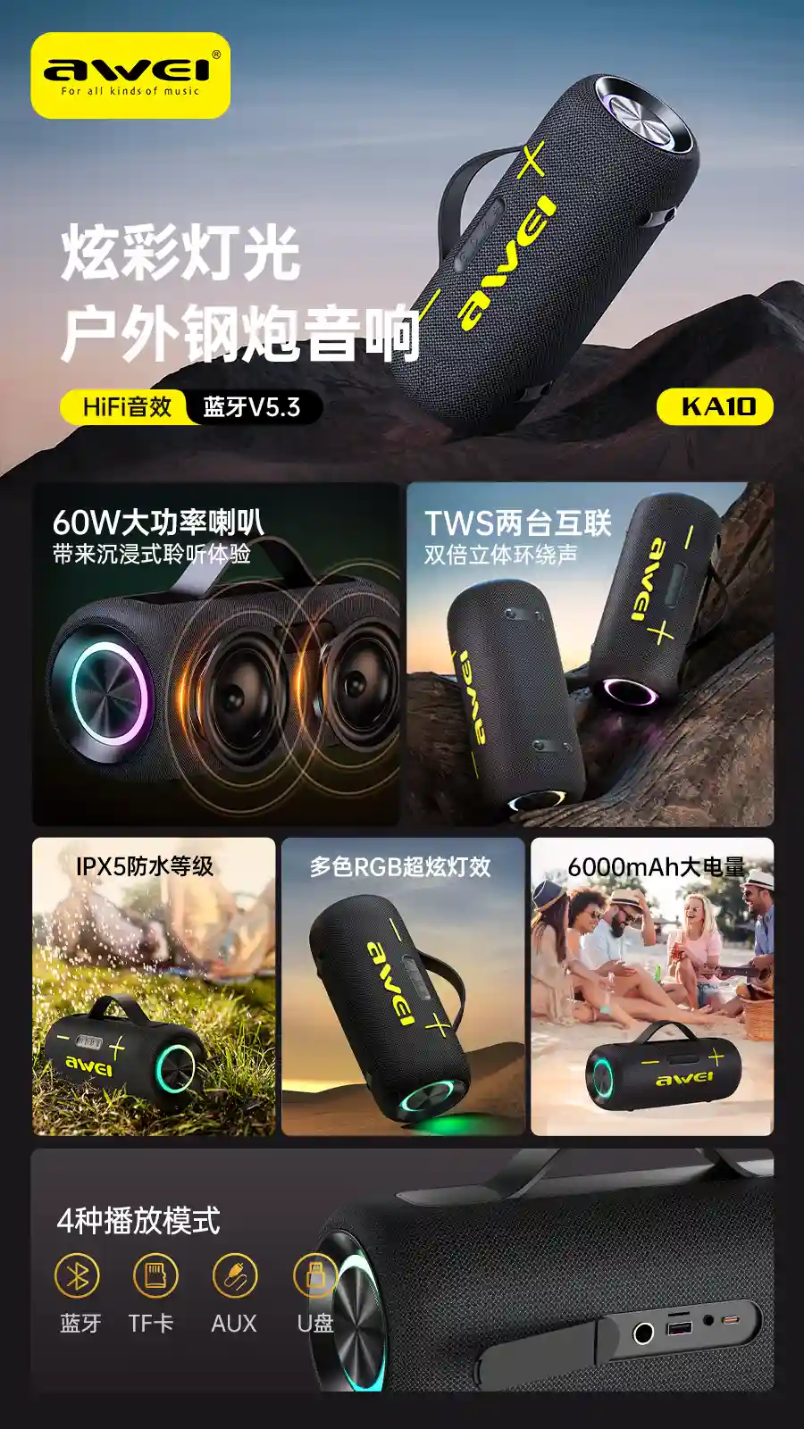 Awei KA10 Speaker Displaying RGB Lighting Effects