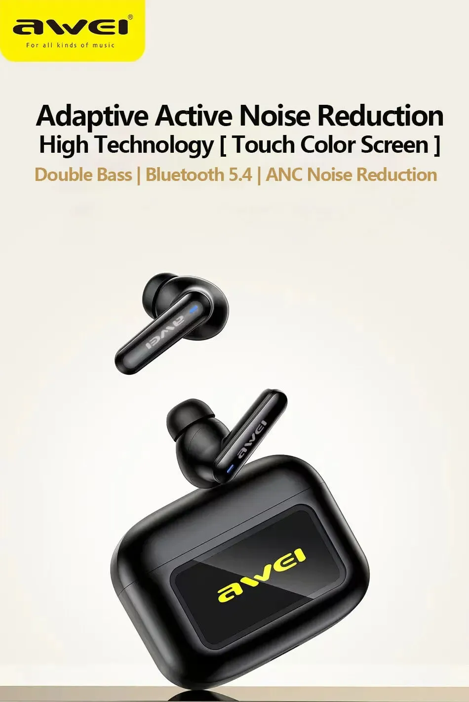 Awei T56 ANC earbuds with LED display and charging case