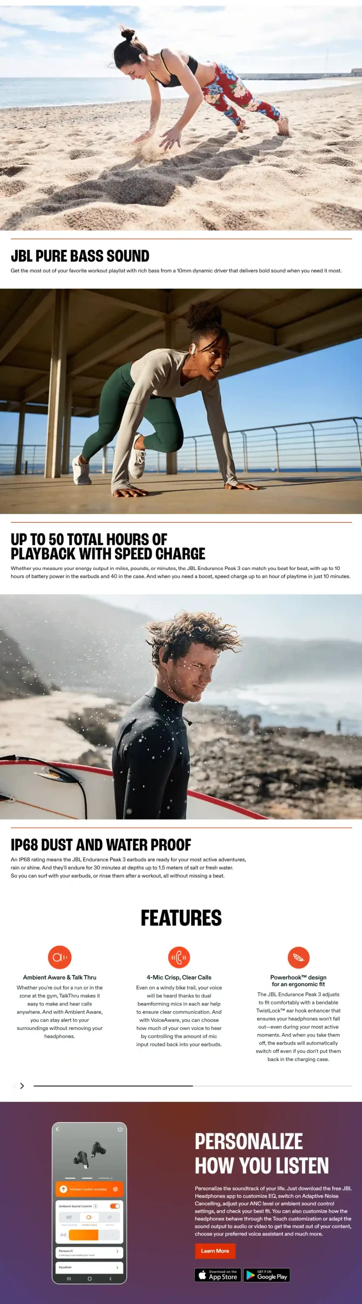 JBL Endurance Peak 3 earbuds close-up view