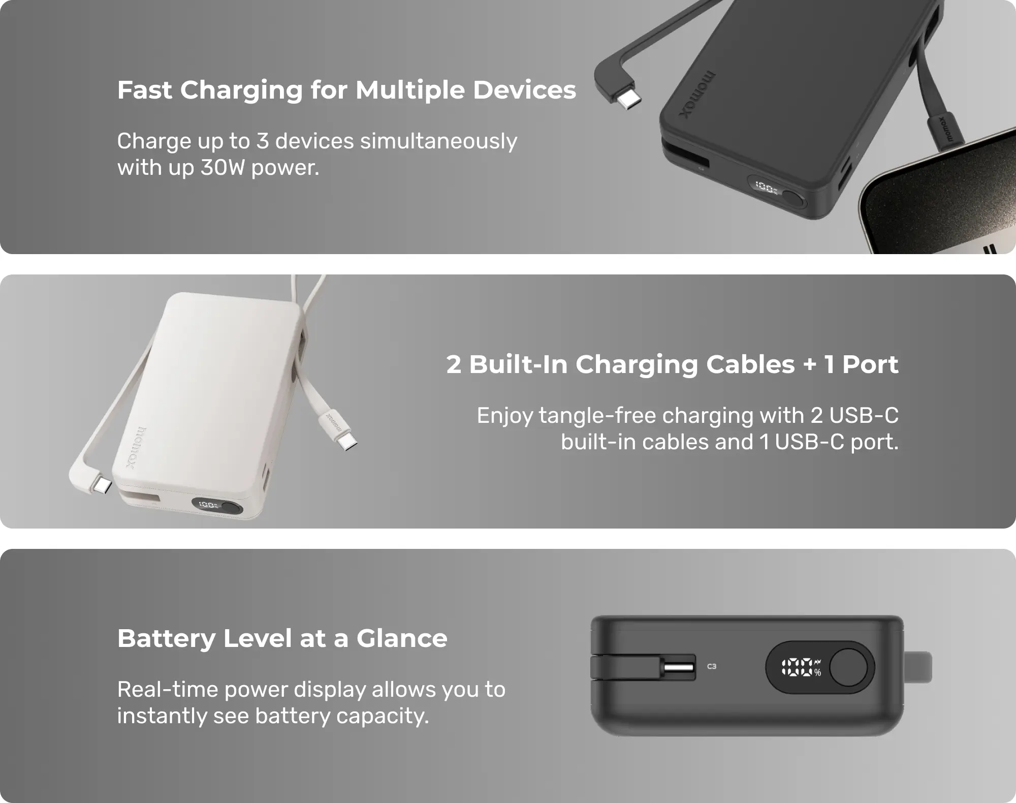 Momax power bank with two built-in USB-C cables