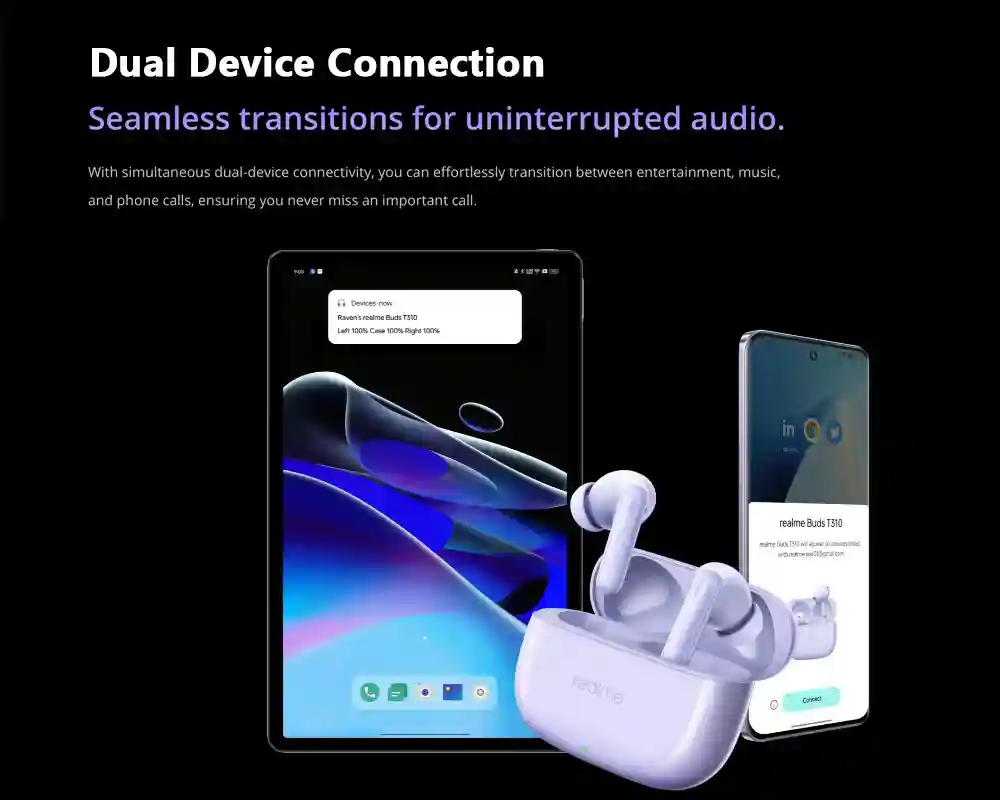 Built-in voice assistant and touch controls on realme Buds T310.