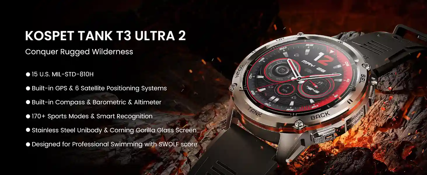 KOSPET Tank T3 Ultra 2 rugged smartwatch with stainless steel body and AMOLED display.