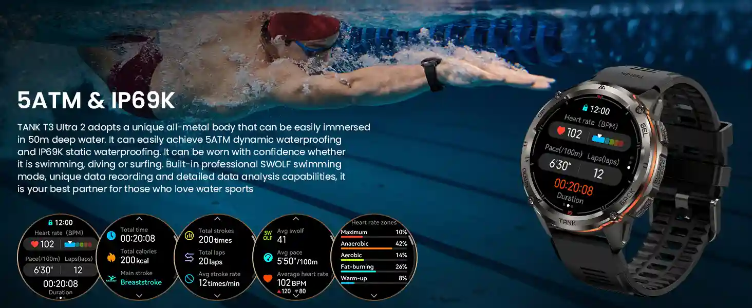 Swim-proof KOSPET T3 Ultra 2 smartwatch with SWOLF mode for professional swimming analysis.