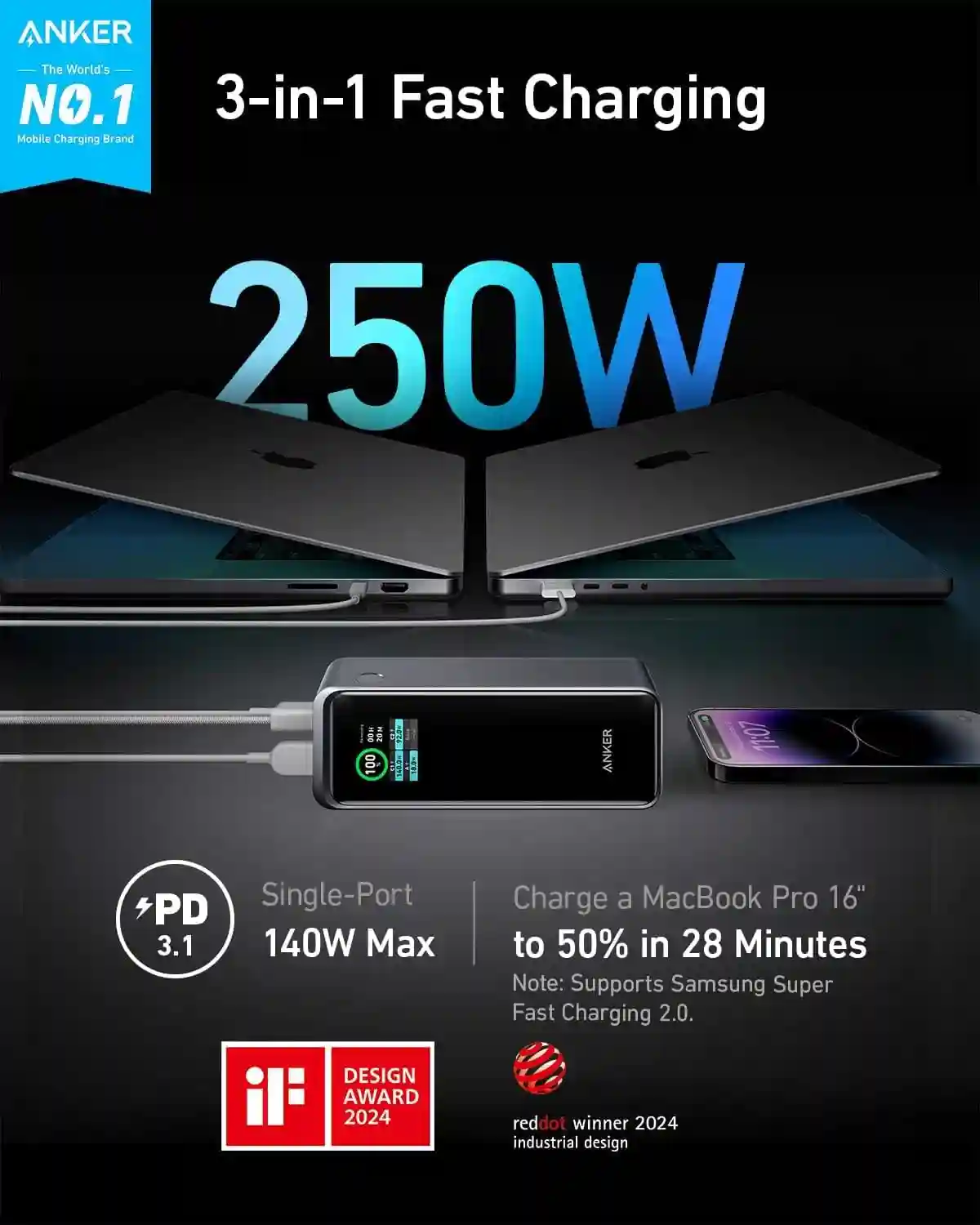 Anker Prime Power Bank with 2 USB-C and 1 USB-A ports for multi-device charging.
