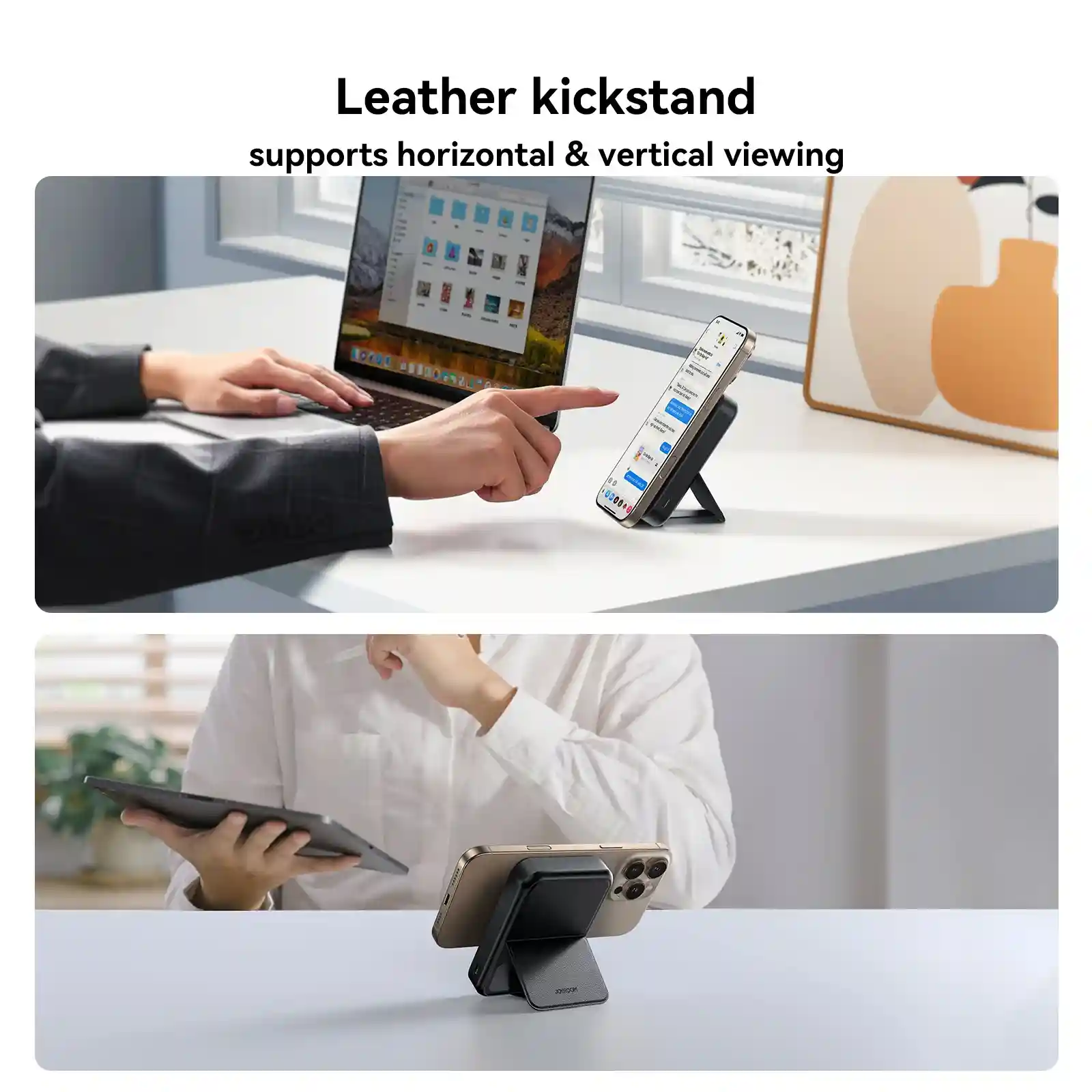 Joyroom JR-PBM11 QI2 22.5W Magnetic Wireless Power Bank with leather kickstand.