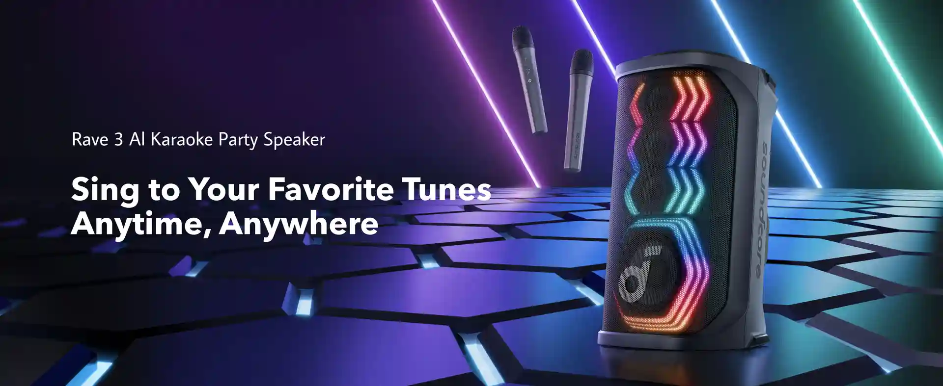 Soundcore Rave 3 Speaker with 160W power and HexaGlow light show.
