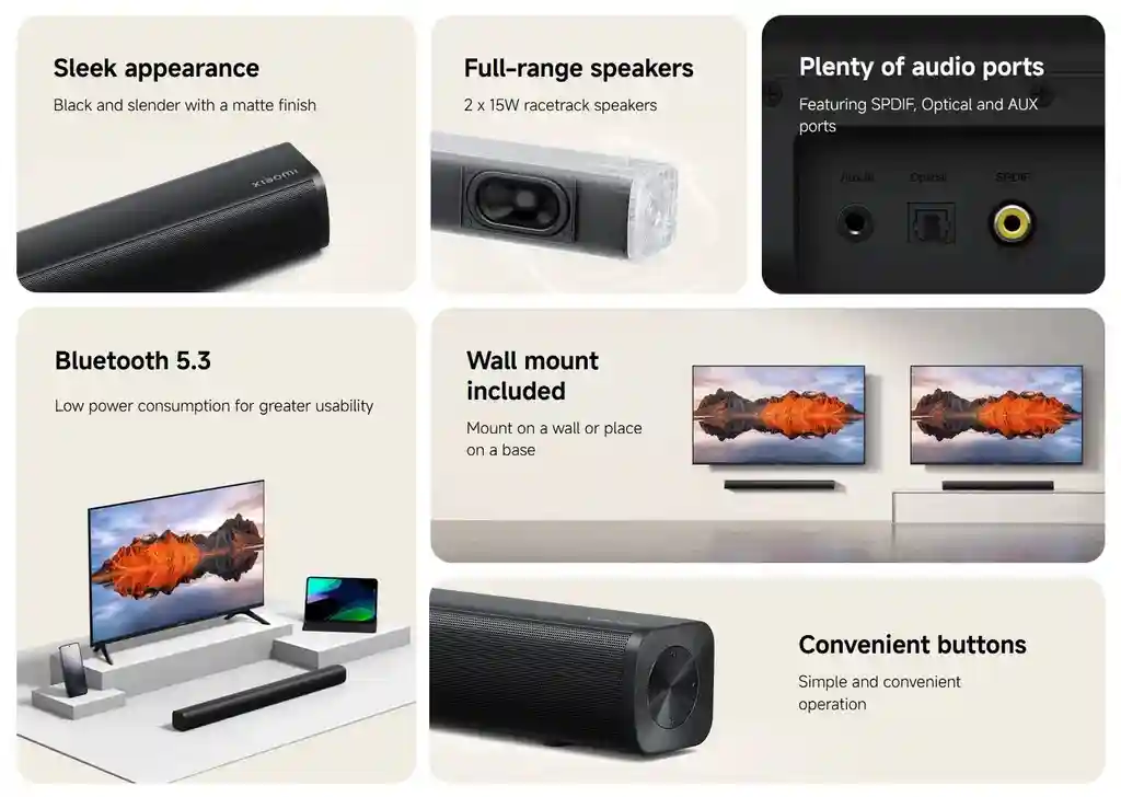 Xiaomi Soundbar 2.0 CH with 2.0 channel stereo sound for immersive audio.