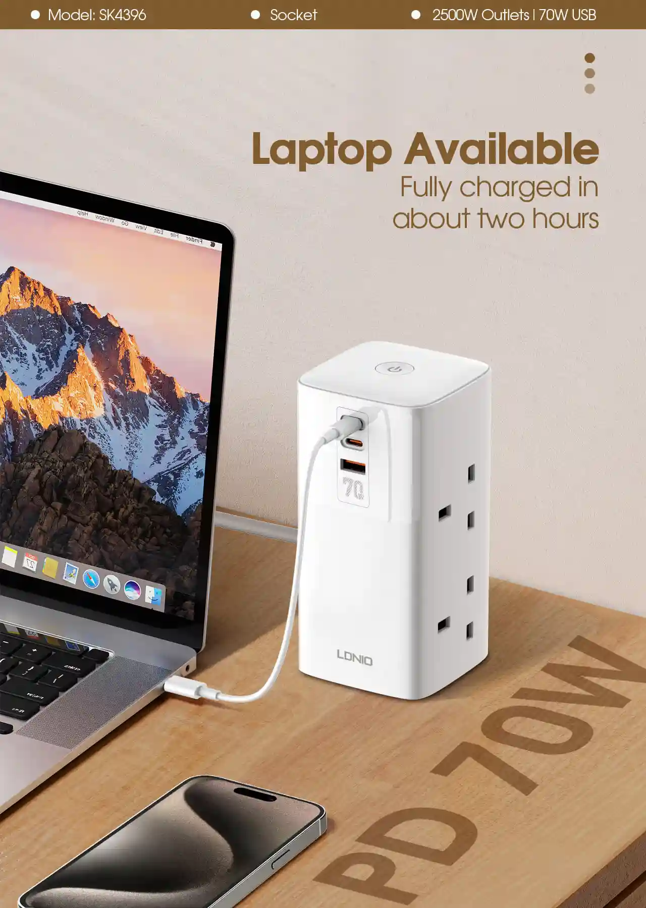 The Ldnio SK4396 is equipped with two high-powered USB-C ports, each capable of delivering significant wattage, making it ideal for charging modern laptops and other high-power devices simultaneously