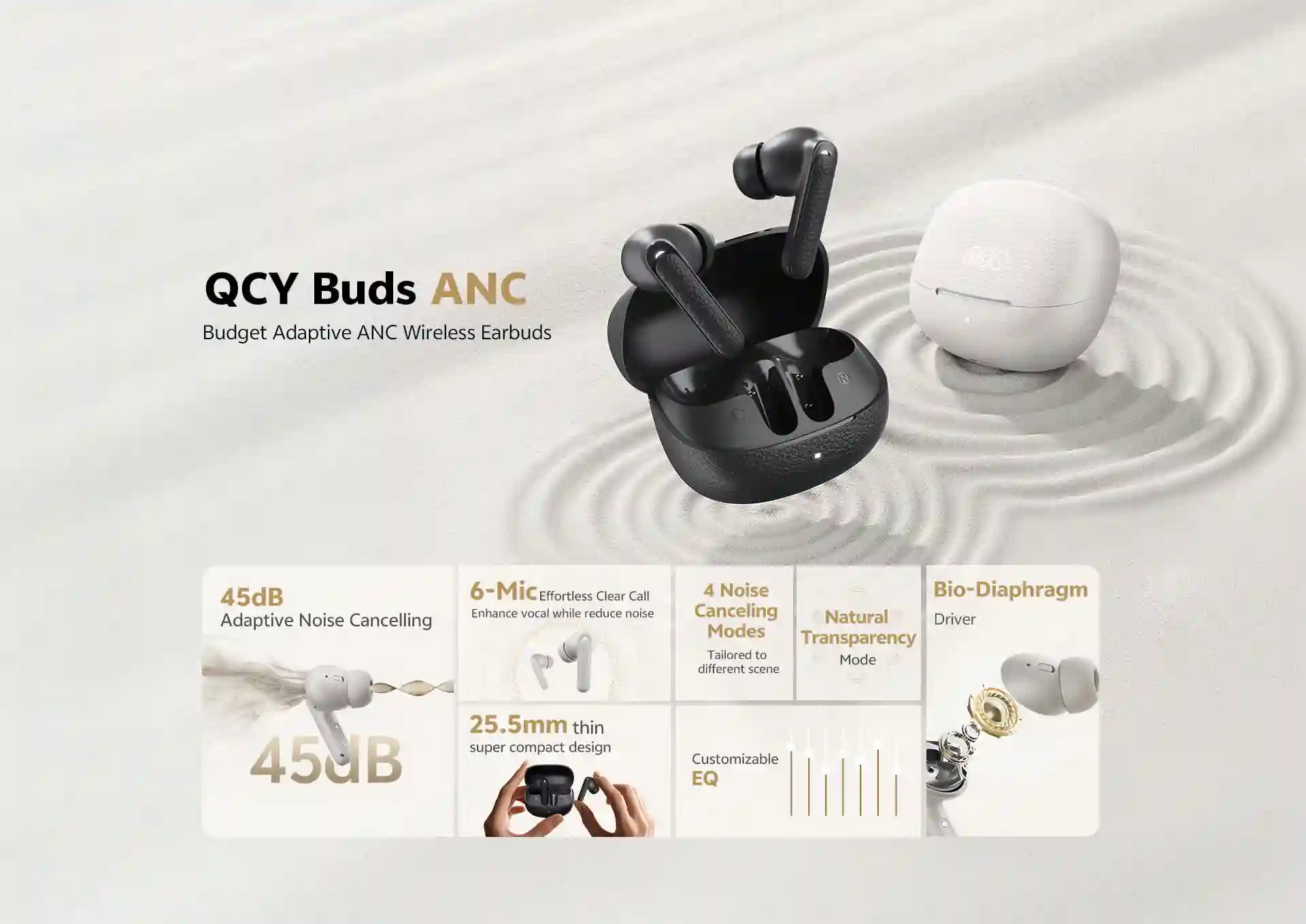 QCY Buds ANC HT15 Wireless Earbuds with 45dB Adaptive ANC and premium leather-textured design