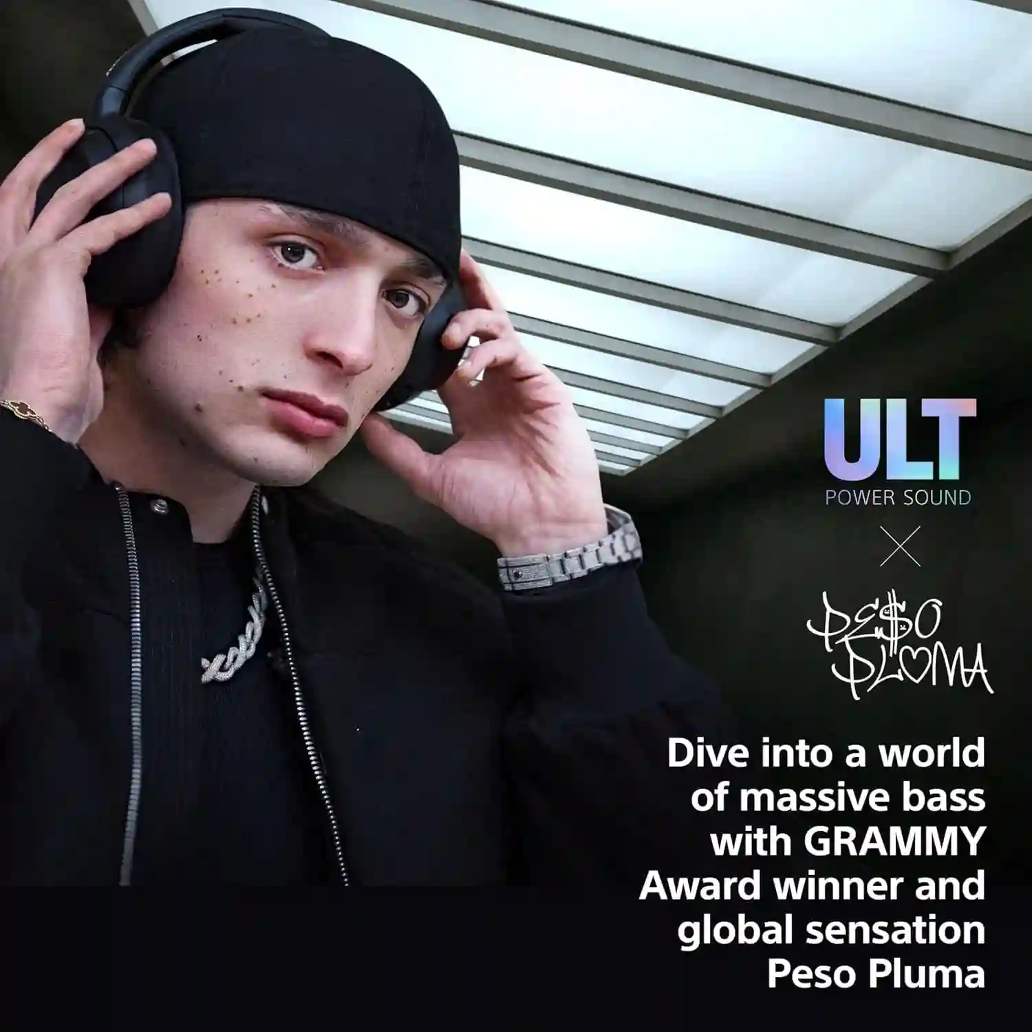 Close-up of Sony ULT WEAR earcup, showing noise canceling microphone
