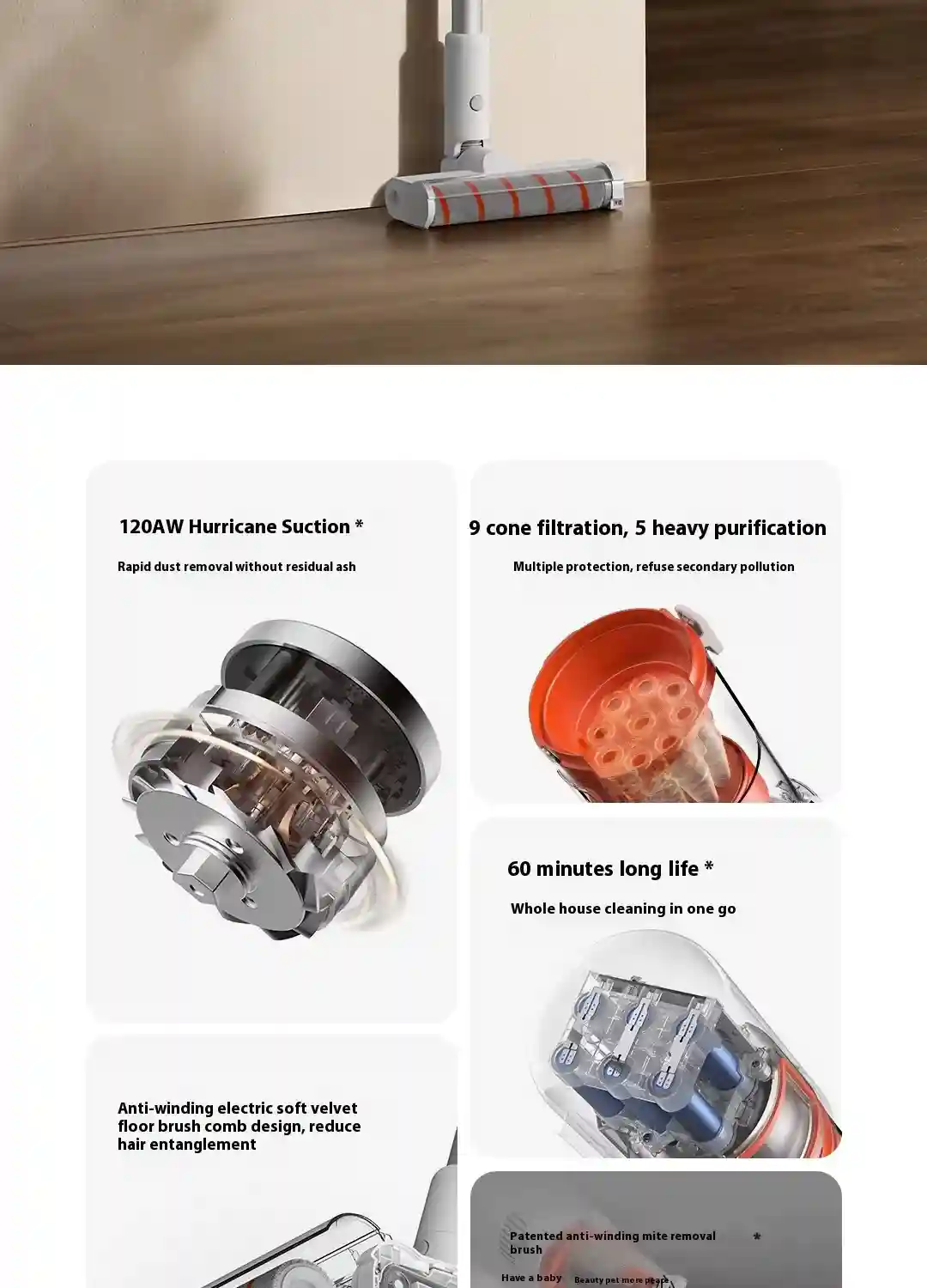 Xiaomi Mijia 3C D208 vacuum cleaner with 9-cone cyclone filtration