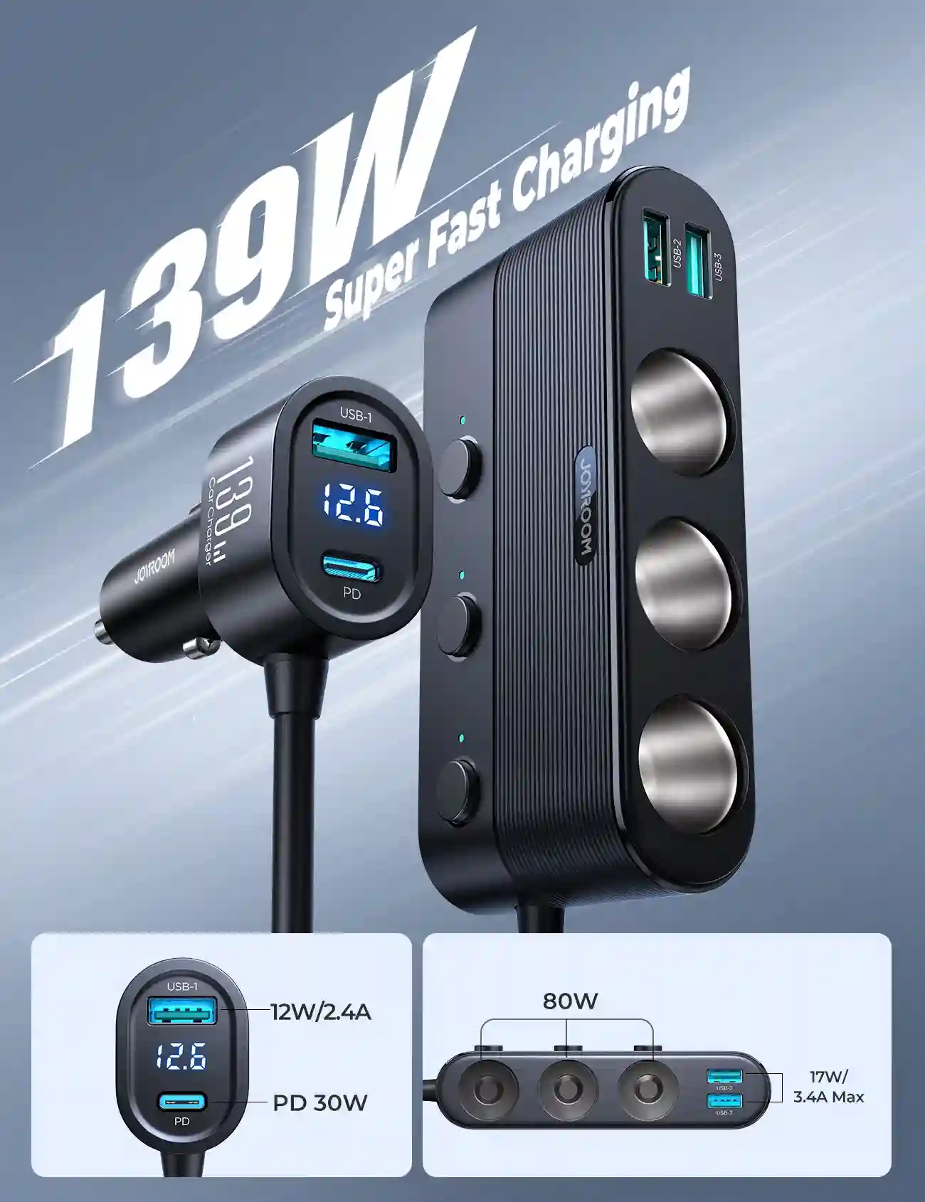 Three cigarette lighter sockets on JR-CCL01