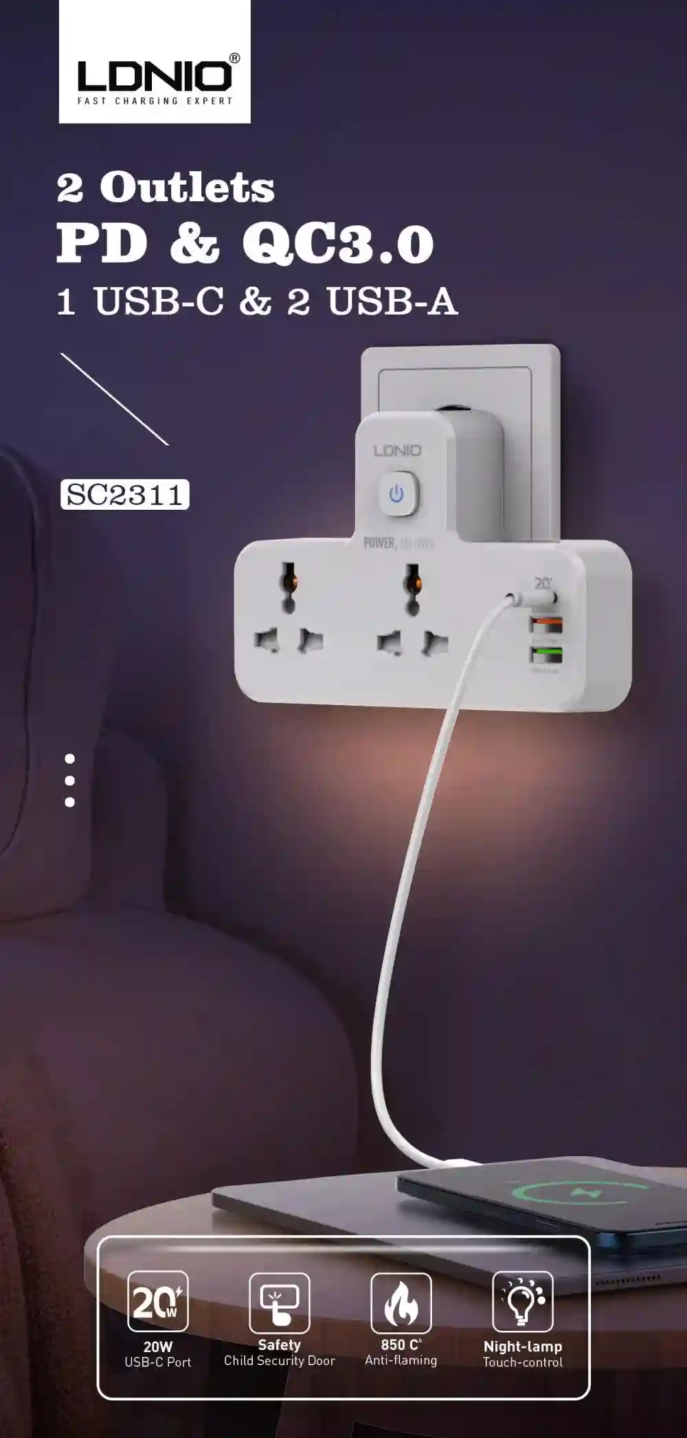 LDNIO SC2311 USB charger power strip front view