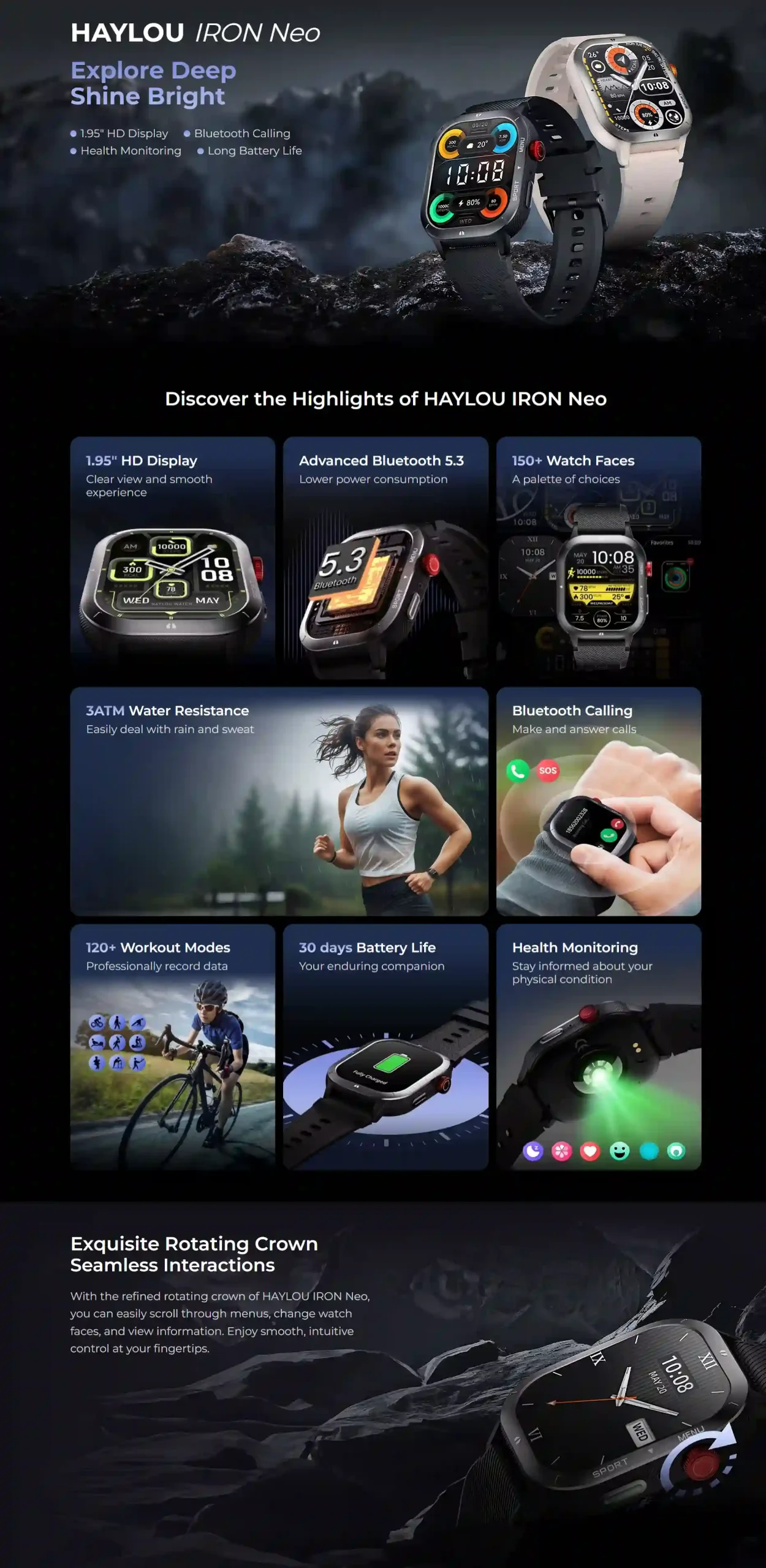 Haylou Iron Neo Smartwatch front view with 1.95" HD display