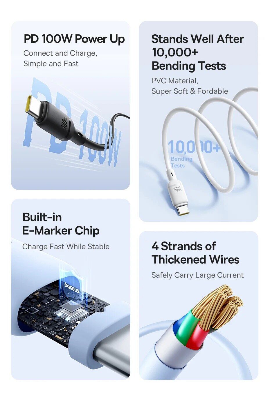Baseus Silky Type-C to Type-C Fast Charging Cable 100W – Ultra-durable nylon braided USB-C cable