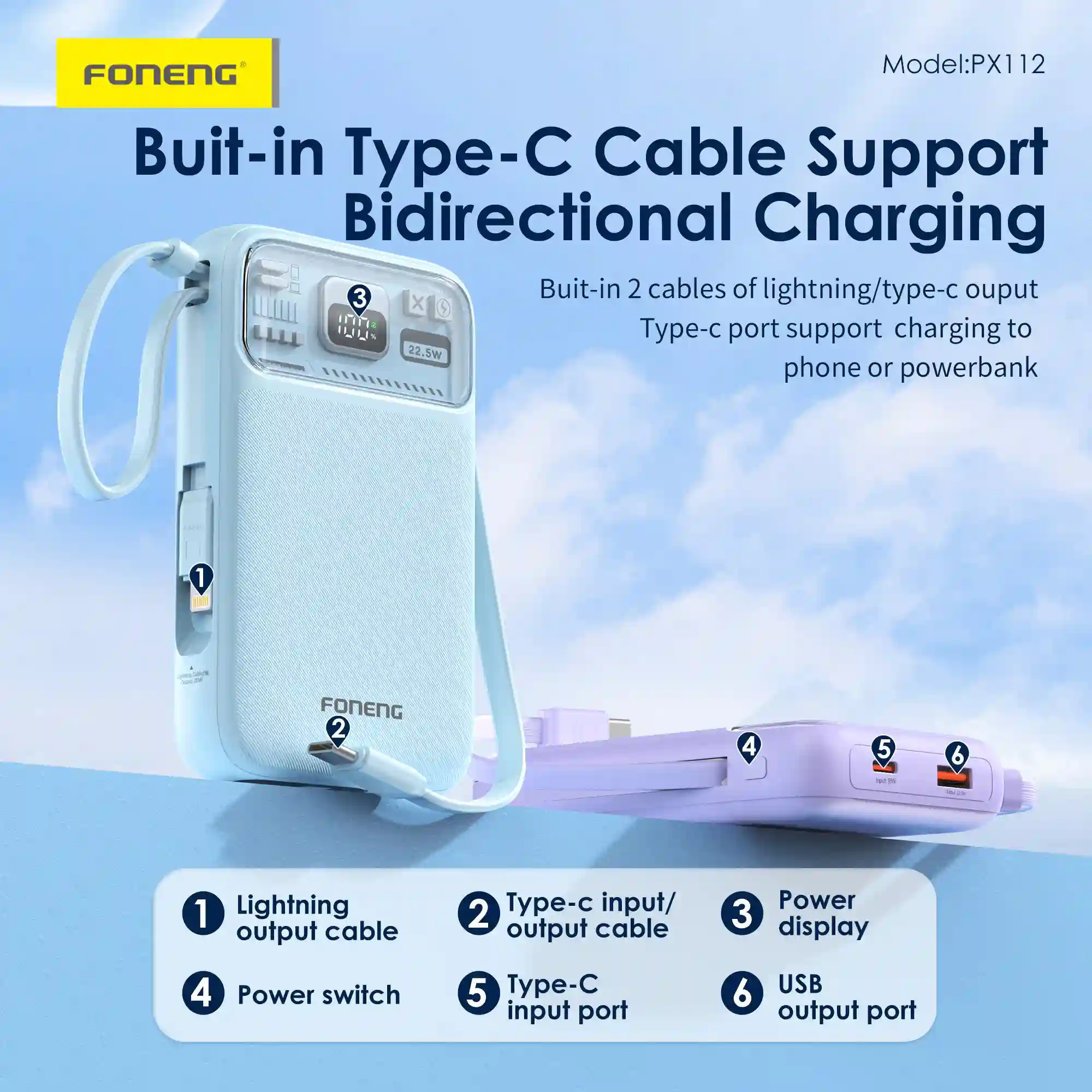 Foneng PX112 fast charging power bank with built-in cables