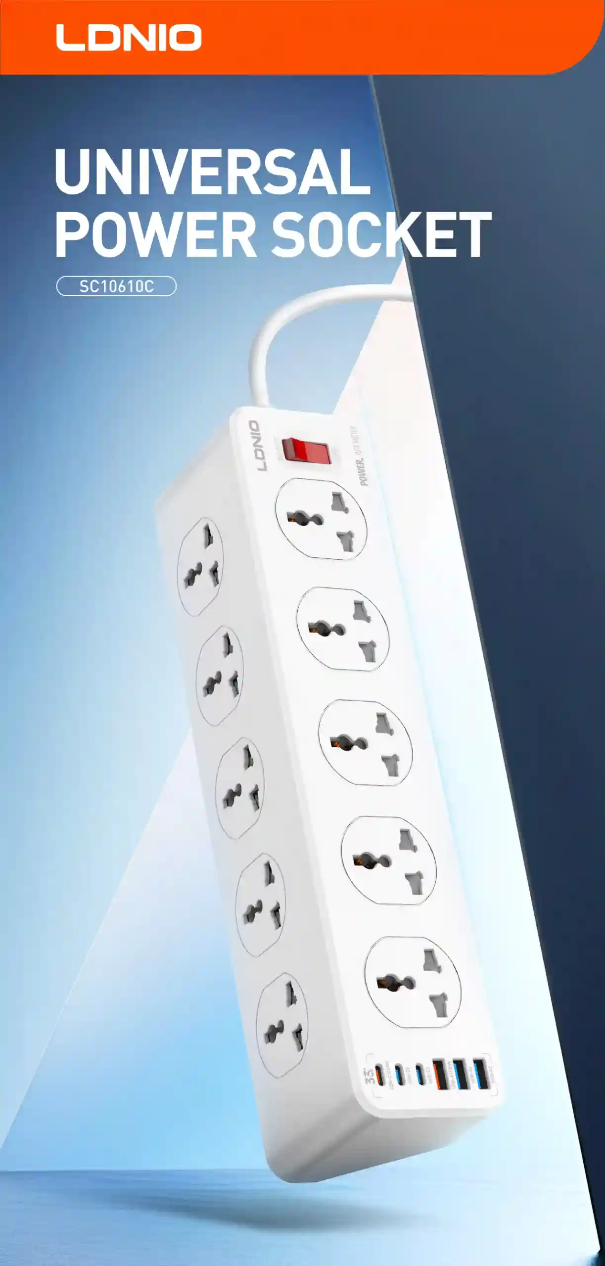 LDNIO SC10610C Universal Power Strip top view with 10 AC outlets