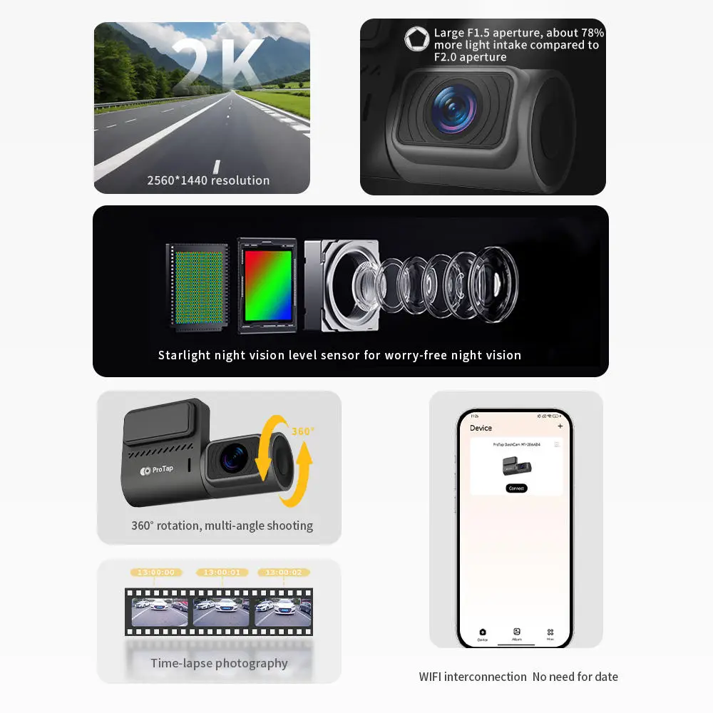 ProTap M1 car dash cam with 2K front recording