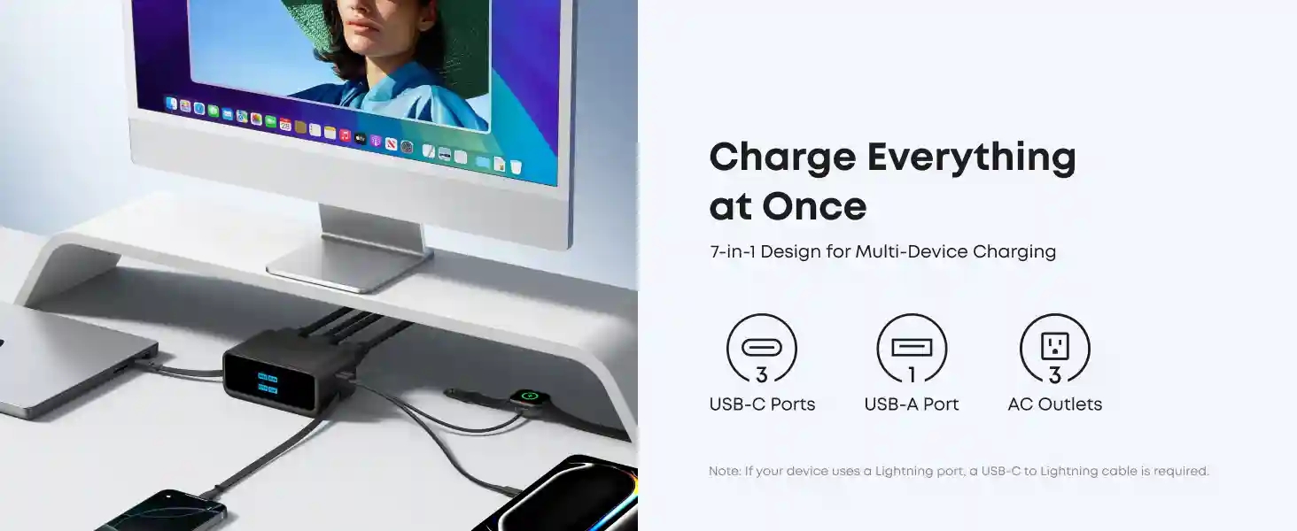Desk setup with Anker Nano 7-in-1 Charging Station 100W and USB ports