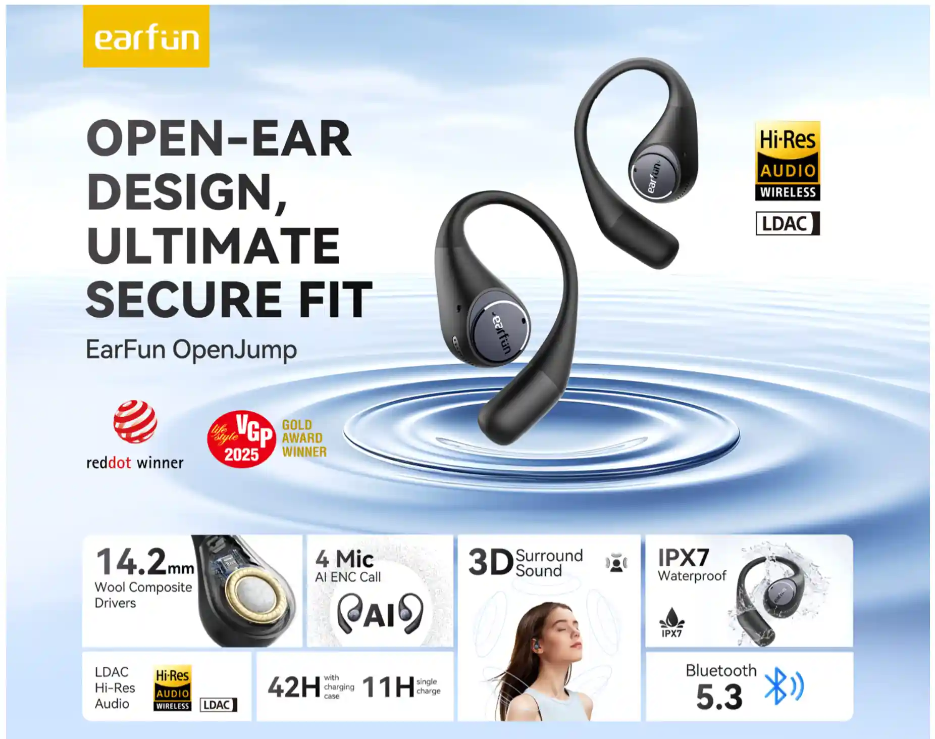 Wireless open-ear headphones EarFun OpenJump with secure ear hooks