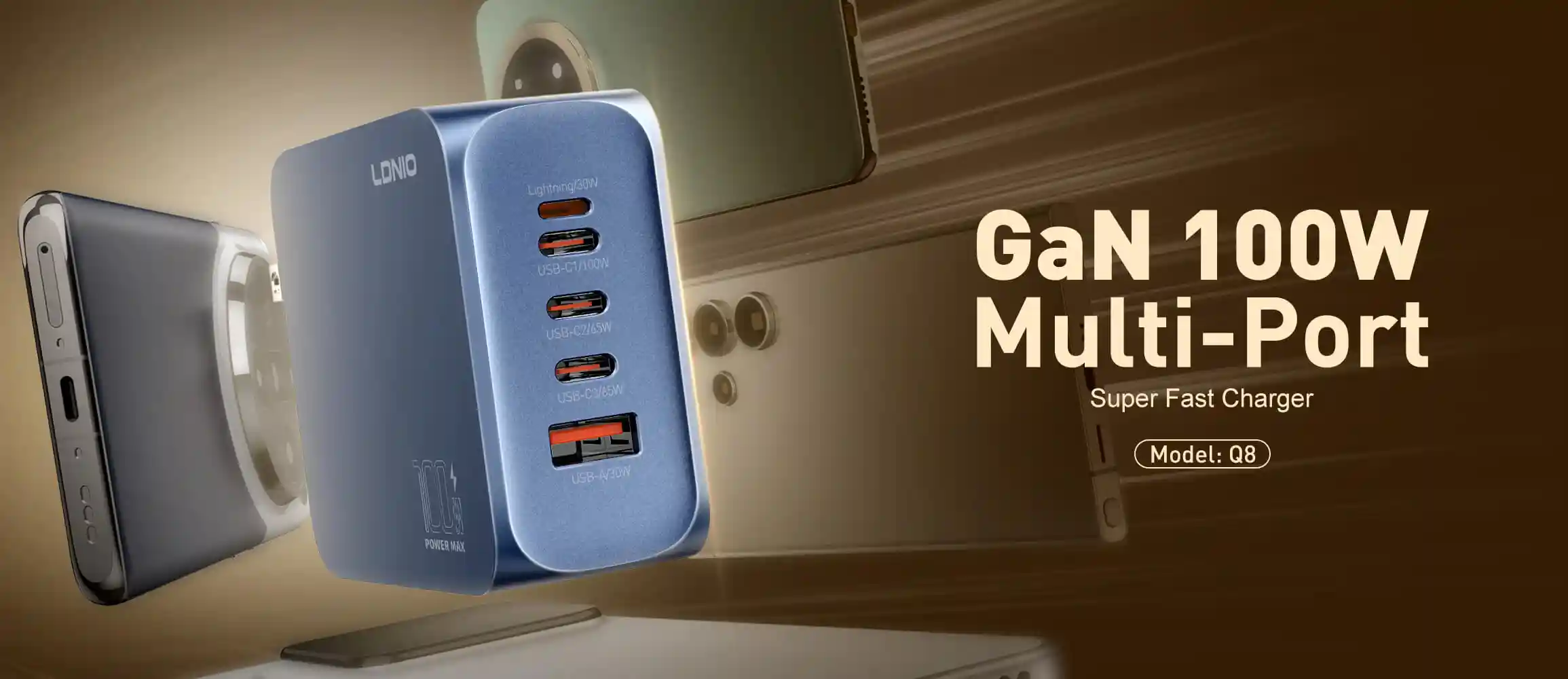 LDNIO Q8 GaN 100W Multi-Port Super Fast Charger with multiple USB-C and USB-A ports for laptops, tablets, and smartphones