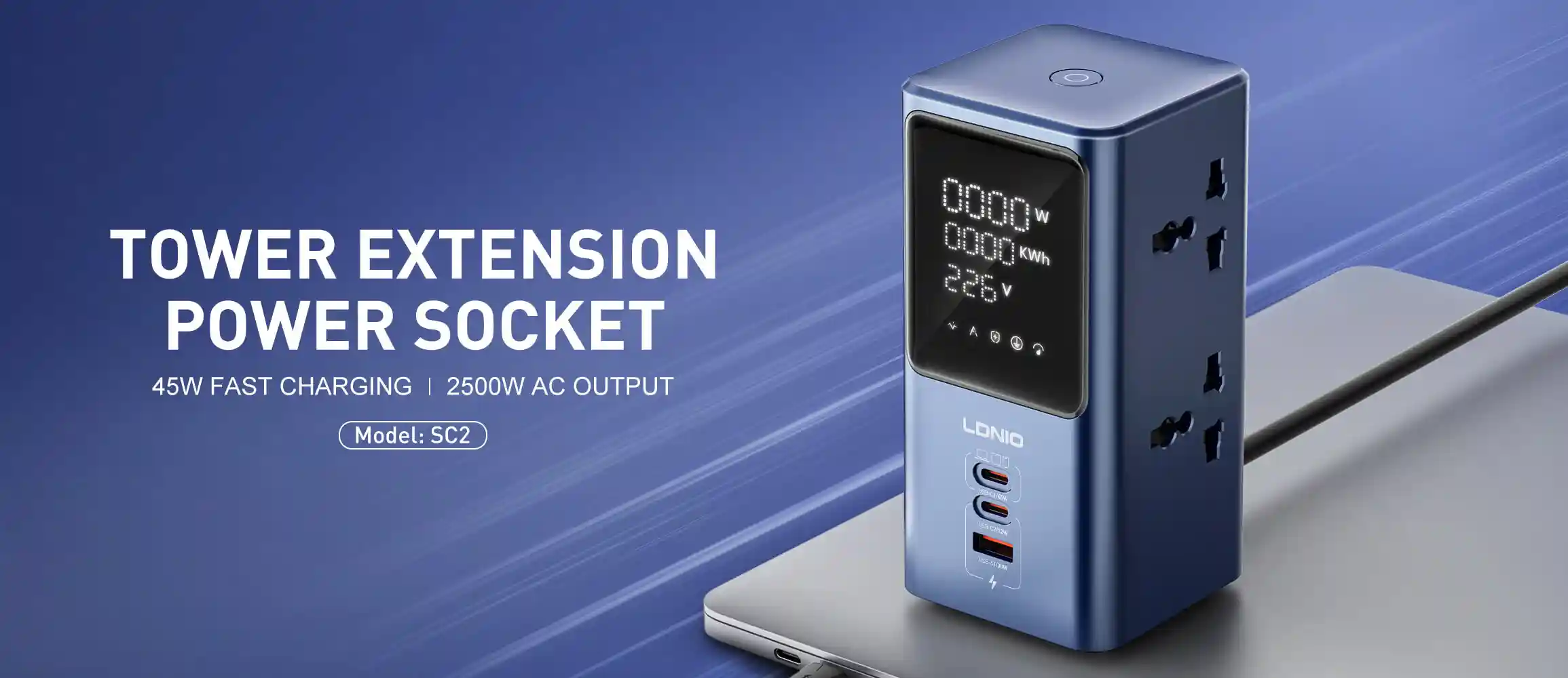 LDNIO SC2 45W PD Charger universal power strip with LED