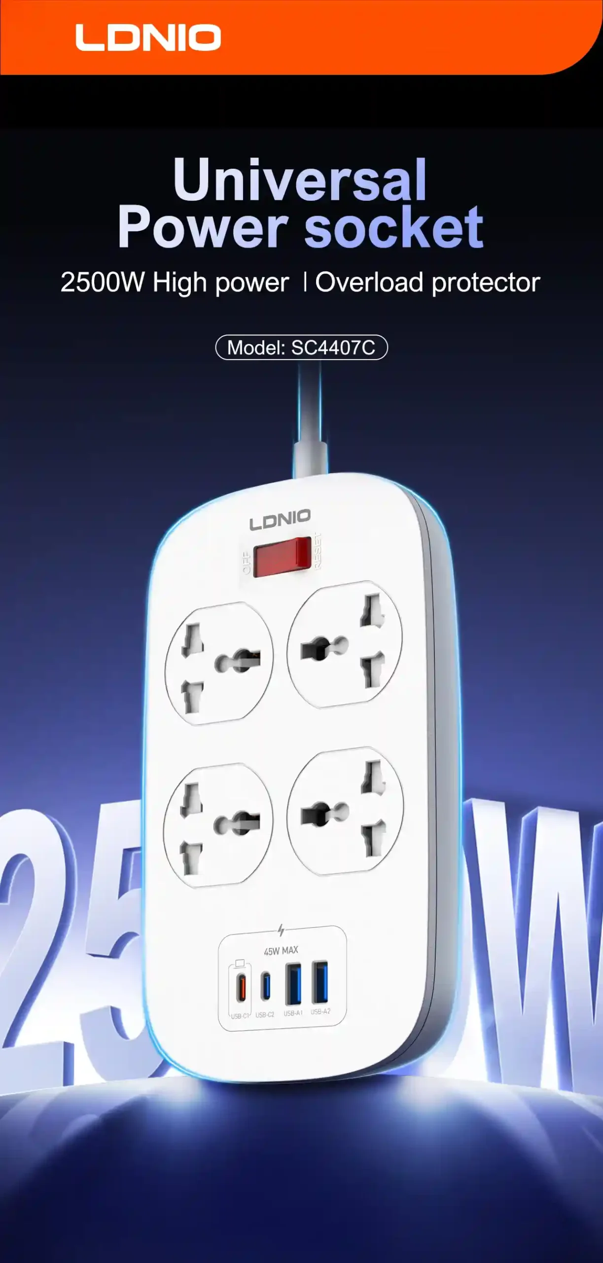 LDNIO SC4407C Universal Outlet 45W USB Power Strip with 4 AC outlets